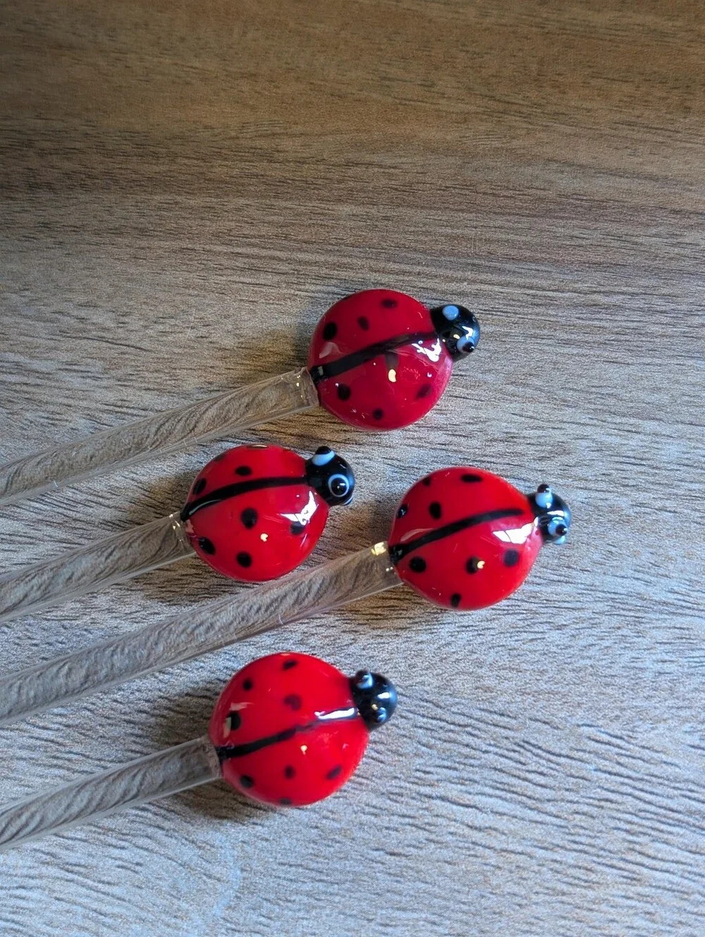 Glass Ladybug Cocktail Swizzle Sticks Set of 4 Barware Vintage MCM Lampworked